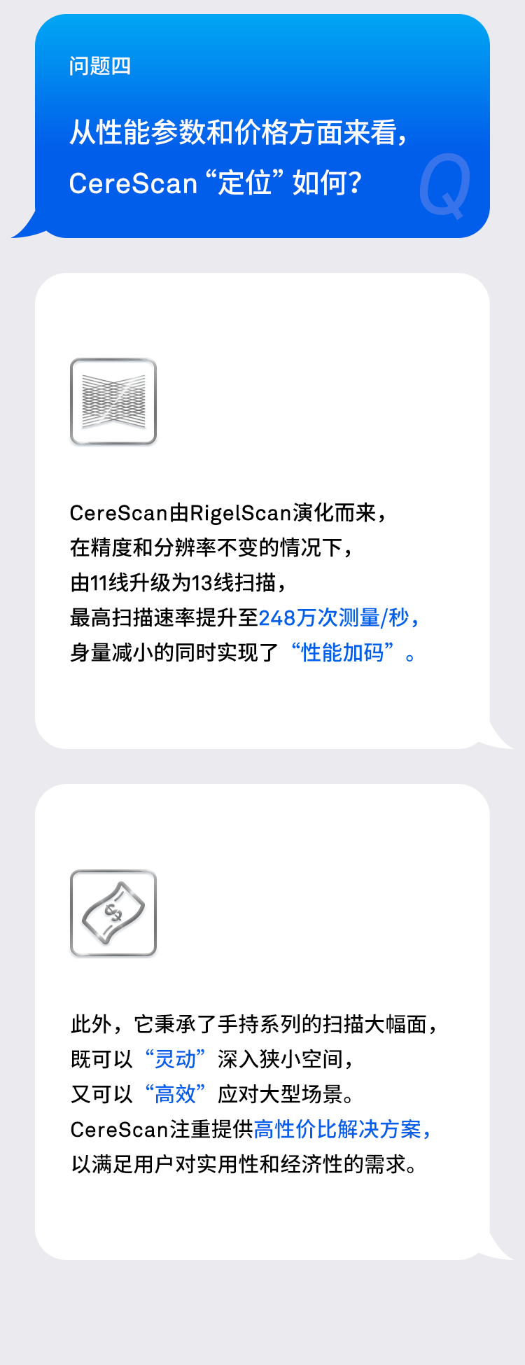 问题四:从性能参数和价格方面来看,CereScan“定位”如何?CereScan由RigelScan演化而来,在精度和分辨率不变的情况下,由11线升级为13线扫描,最高扫描速率提升至248万次测量/秒,身量减小的同时实现了“性能加码”。此外,它秉承了手持系列的扫描大幅面,既可以“灵动”深入狭小空间,又可以“高效”应对大型场景。CereScan注重提供高性价比解决方案,以满足用户对实用性和经济性的需求。