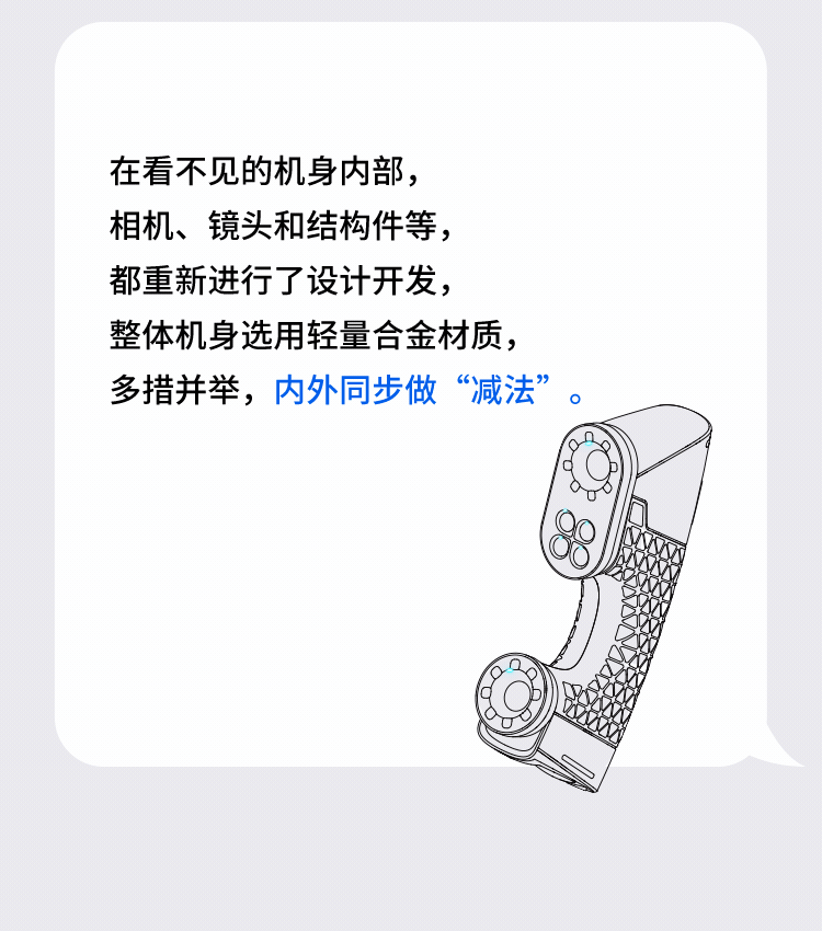 在看不见的机身内部,相机、镜头和结构件等,都重新进行了设计开发,整体机身选用轻量合金材质,多措并举,内外同步做“减法”